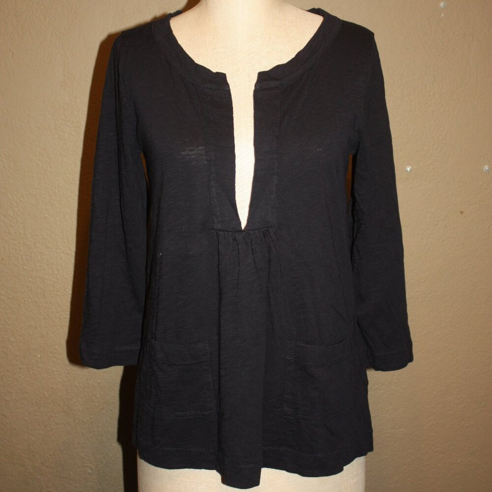 J.CREW BLACK TUNIC SHIRT DEEP CUT V-NECK PATCH POCKETS - SMALL 2 4